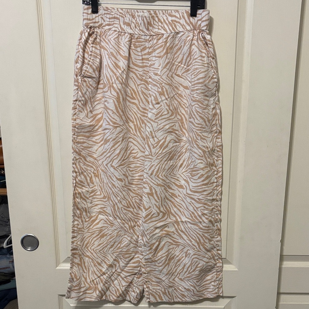 Nicole Miller Beige and White Zebra-Print Wide-Leg 100% Linen Pants